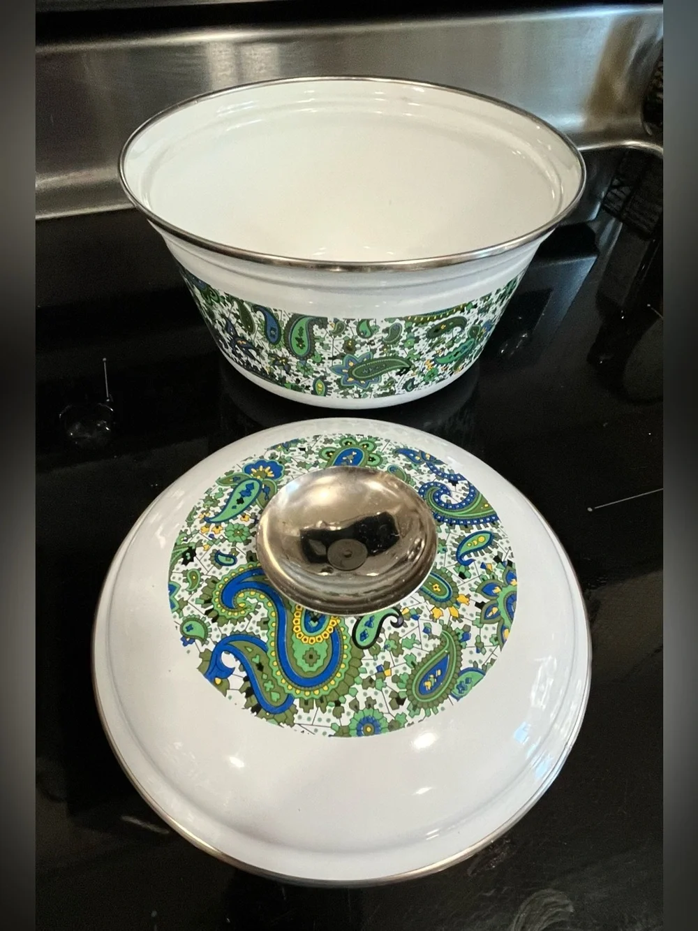 VTG 70s Fancipans Enamelware 2-Qt Covered Casserole Dish Lid Blue Green Paisley